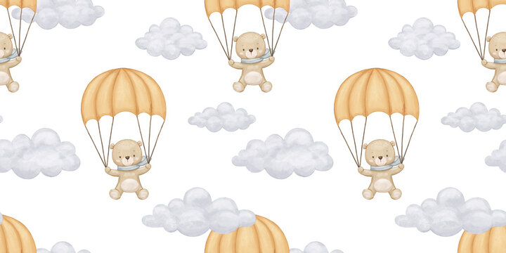 Seamless watercolor pattern with cute bear with parachute in neutral colors, hand drawn baby illustration on white repeat background