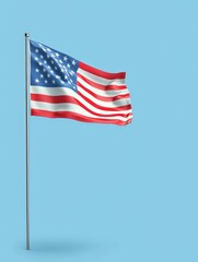 American Flag Waving on Blue Background - A vibrant image of the American flag waving proudly against a light blue sky, symbolizing patriotism, freedom, unity, and national pride.  It evokes a sense o