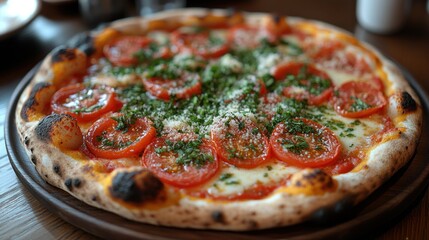 Delicious tomato pizza on wooden table.