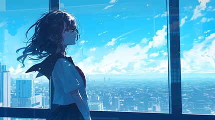 Anime girl in a school uniform looking out at a cityscape, embodying feelings of nostalgia and longing