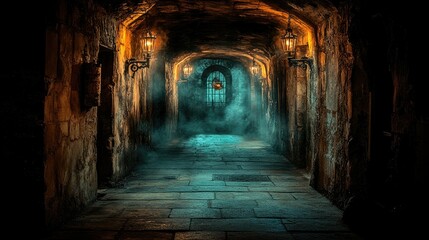 Naklejka premium Mysterious Dark Dungeon Corridor: A Gothic Atmosphere