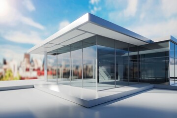 Modern glass house with a sleek design, overlooking a cityscape under a bright sky.