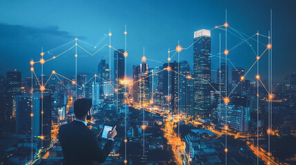 Smart digital Innovation city with connection network reciprocity over the cityscape. of future smart wireless digital city and social media networking systems that connects people with in city