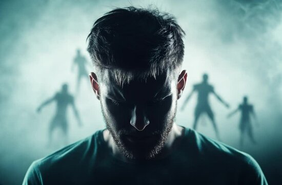 Conceptual depiction of schizophrenia with a man surrounded by shadowy figures in a foggy atmosphere