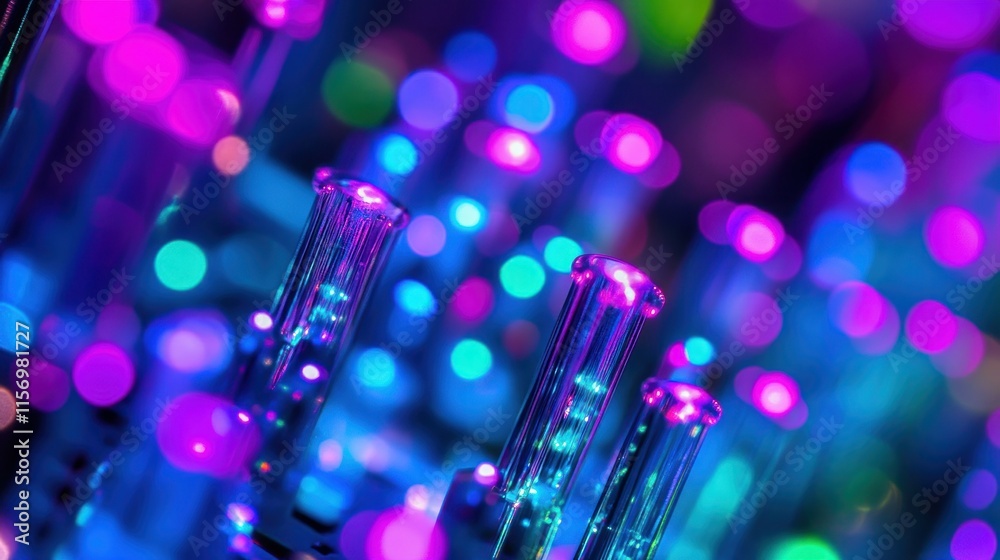 Poster close-up of illuminated glass tubes with blurred colorful lights in background.