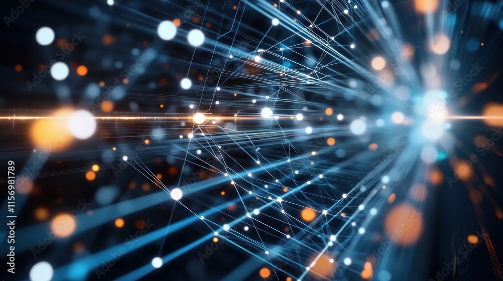 Poster Abstract network data flow visualization; glowing lines and nodes converge at a central point, depicting connectivity and information transfer.