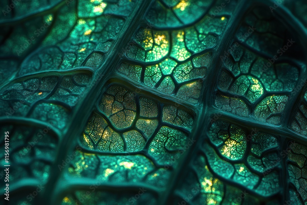 Poster close-up of a vibrant green leaf's intricate vein structure, glowing with subtle light.