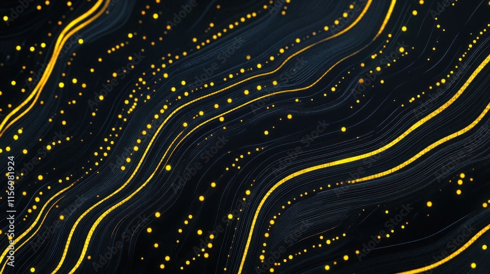 Poster Abstract dark background with golden lines and dots.
