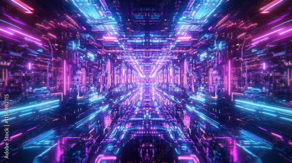Fototapete abstract futuristic tunnel with vibrant neon lights and glowing lines creating a symmetrical pattern