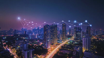 Smart digital Innovation city with connection network reciprocity over the cityscape. of future smart wireless digital city and social media networking systems that connects people with in city