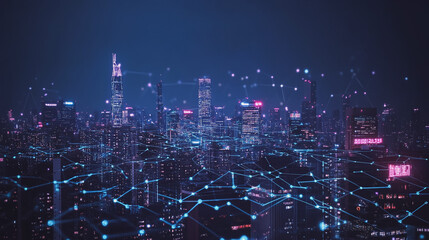 Fototapeta premium Smart digital Innovation city with connection network reciprocity over the cityscape. of future smart wireless digital city and social media networking systems that connects people with in city