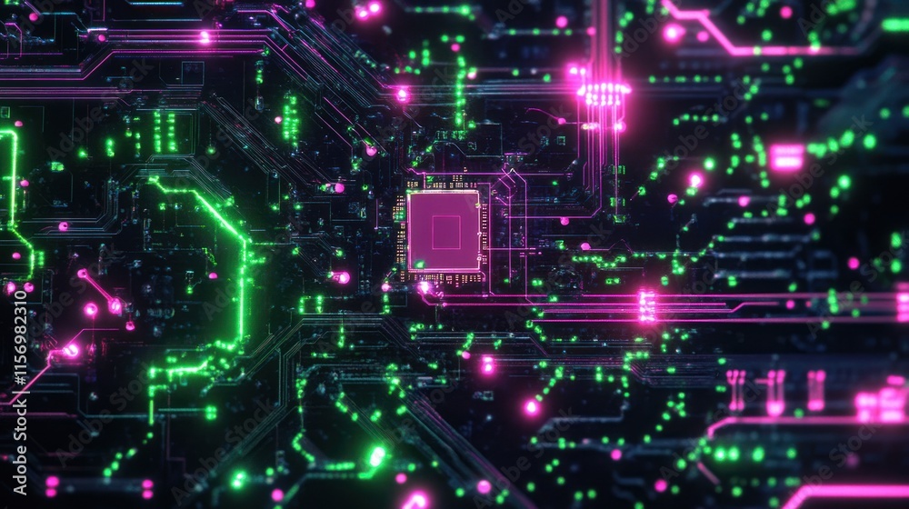 Poster Close-up of a glowing circuit board with a central processor, showcasing intricate pathways and vibrant neon colors.