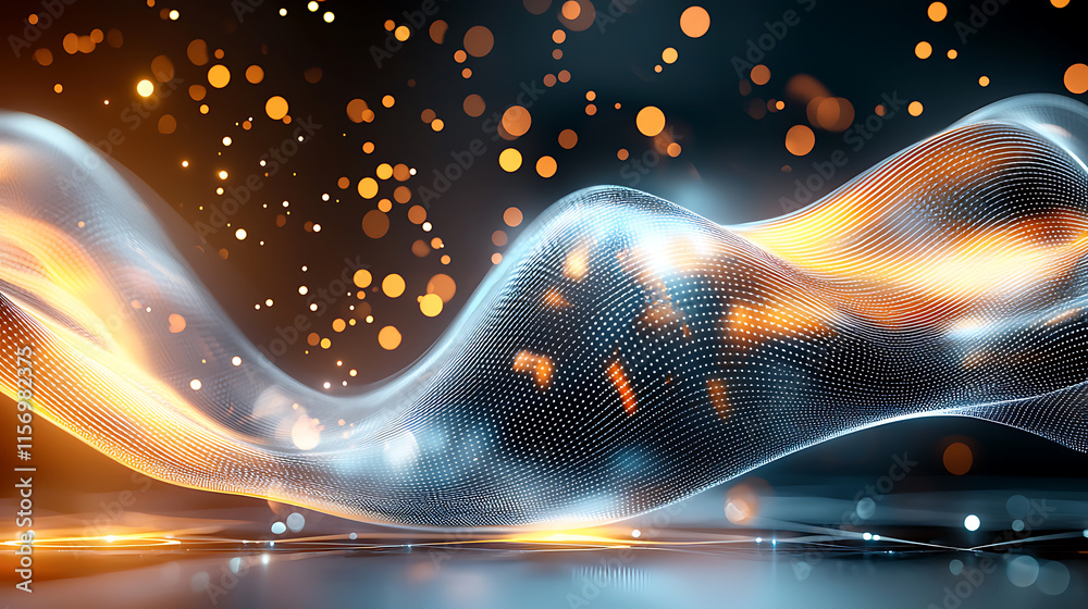 Poster dynamic flow of light and particles abstract visualization digital art dark background high-tech con