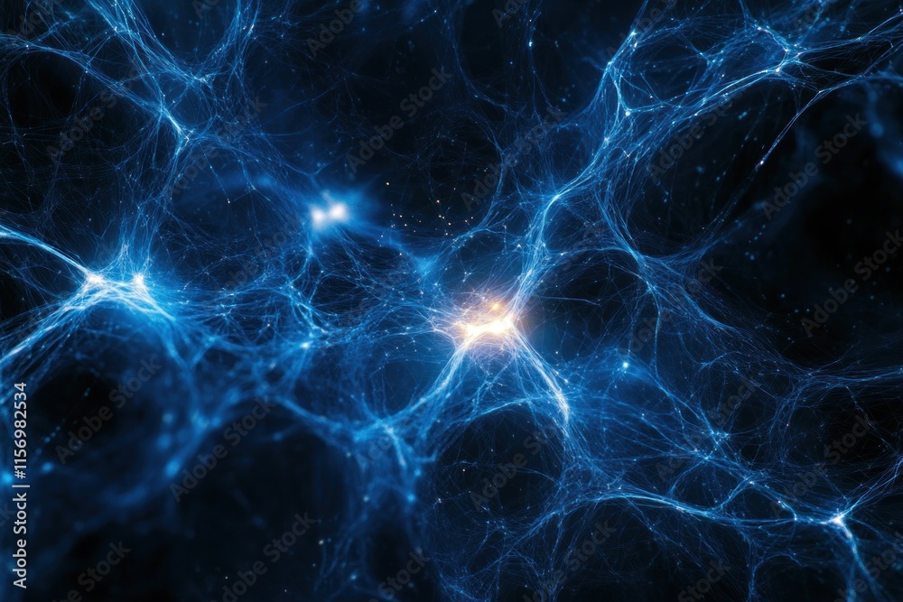 Poster abstract blue glowing neural network, complex interconnected nodes.