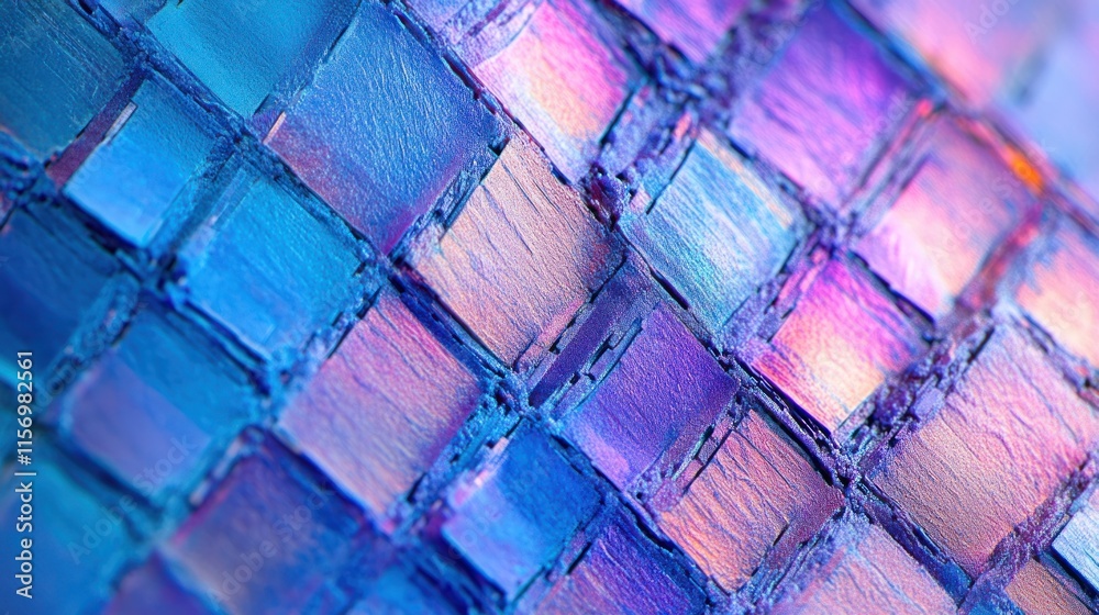 Poster Abstract iridescent blue and purple square mosaic pattern.