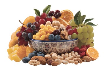 Ornate Bowl with Mixed Nuts and Fresh Fruits, Natural Abundance and Color.