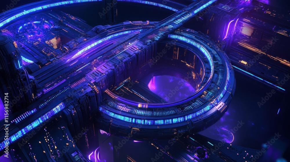 Poster futuristic city with glowing neon lights and intricate structures at night.