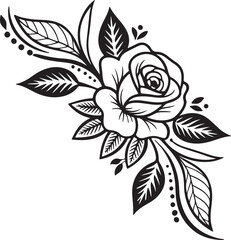 Ornate black and white stylized rose in corner