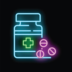 Obraz premium Bright neon medical pills bottle glowing on a black background
