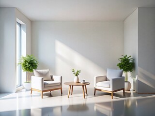 Fototapeta premium Minimalist White Room Interior: Armchairs, Coffee Table, Empty Wall, Art Presentation Layout