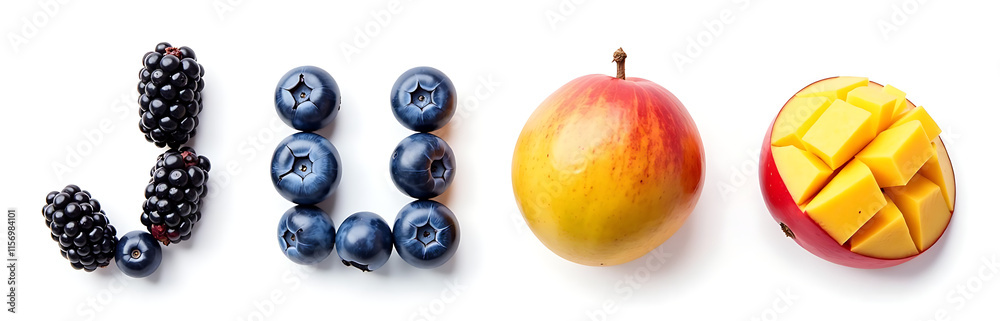 Poster the letters i and j are made up of blueberries blackberries and mango isolated on a white background