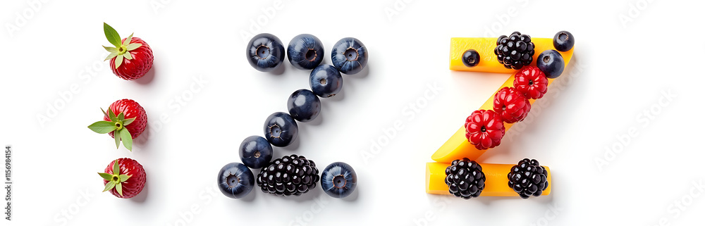 Poster the letters i and j are made up of blueberries blackberries and mango isolated on a white background