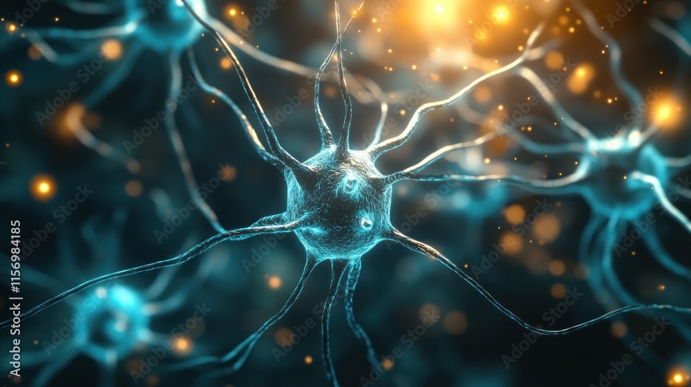 Poster microscopic view of interconnected neurons, glowing with light.