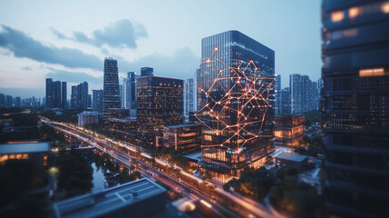 Fototapeta premium Smart digital Innovation city with connection network reciprocity over the cityscape. of future smart wireless digital city and social media networking systems that connects people with in city