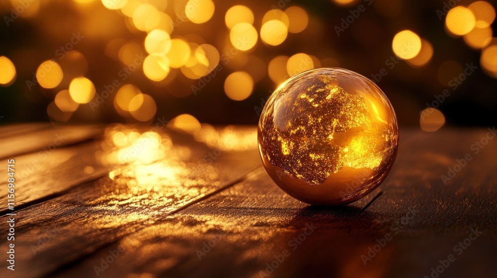 Poster golden globe on wooden surface with bokeh background.