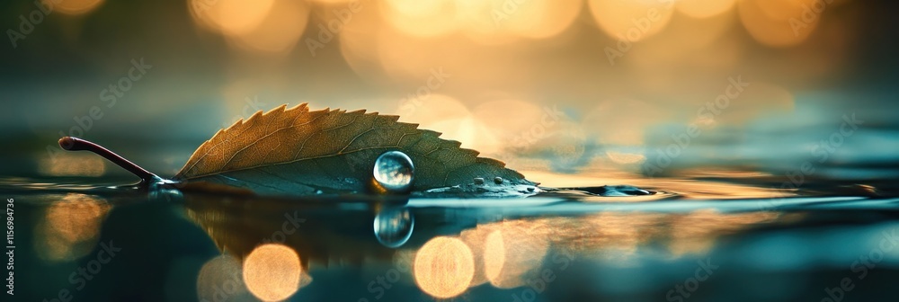 Poster autumn leaf floats on calm water, a dewdrop reflecting light.