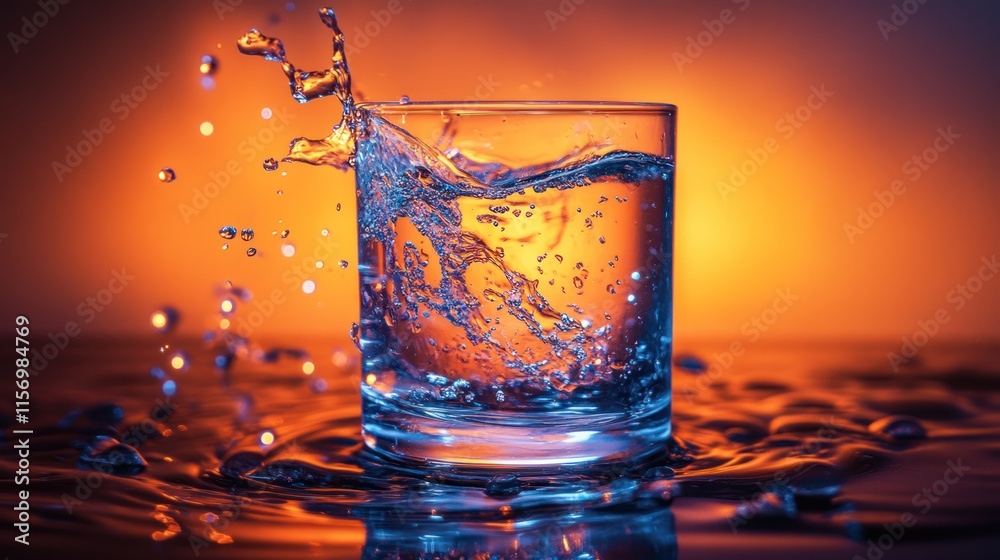 Poster water splash in a glass on a reflective surface with a warm background.
