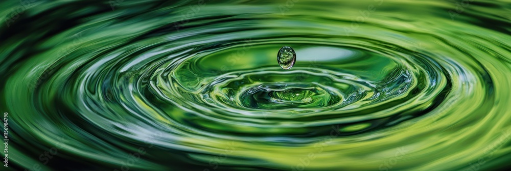 Poster A single drop of water creating concentric ripples on a green liquid surface.