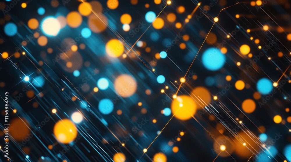 Poster Abstract background with glowing orange and blue particles and diagonal lines.