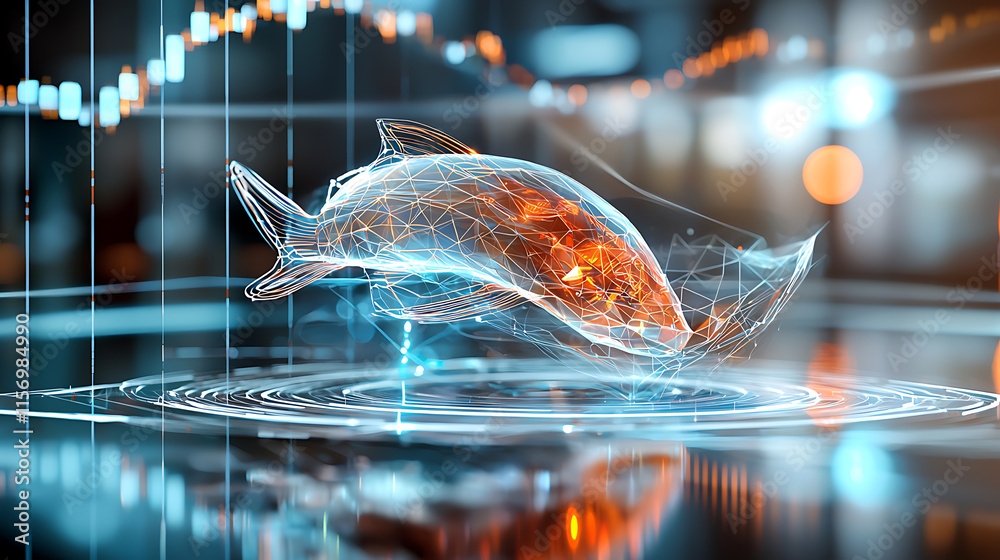 Poster dynamic digital fish leaping through abstract data visualization futuristic environment 3d art techn