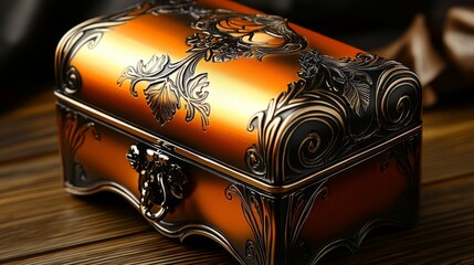 Obraz premium A vintage-inspired amber chest with elaborate floral engravings, combining intricate artistry and luxurious design in an ornate and elegant finish.