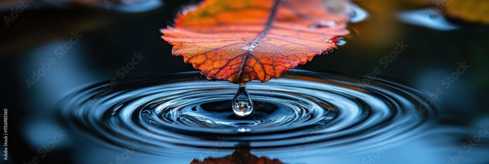 Poster Autumn leaf dripping water creating concentric circles on dark water surface.