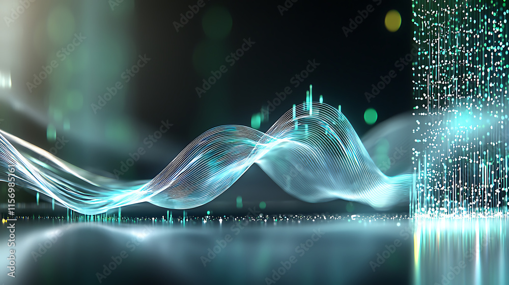Poster dynamic digital wave patterns representing technology trends in a futuristic environment under a sof