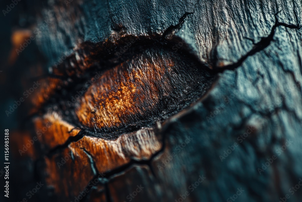 Aufkleber Close-up of burnt wood texture, showing intricate details of cracks and color variations.