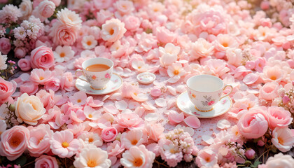 Tea cups surrounded by pink flowers and petals for a whimsical fairy garden party