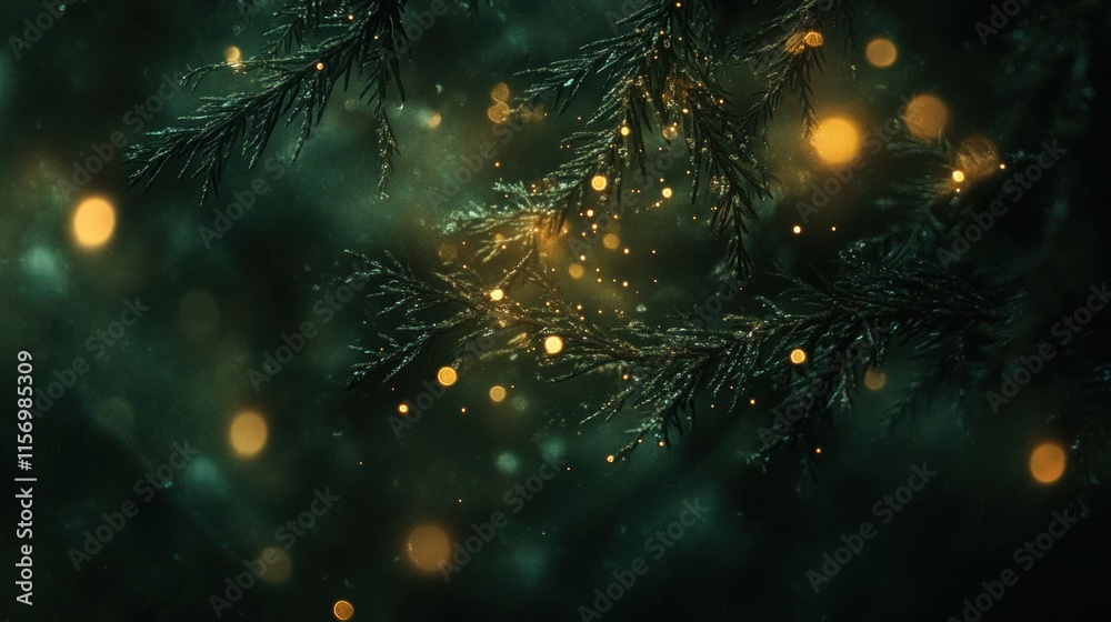 Leinwandbilder close-up of frosted evergreen branches with bokeh lights, creating a magical winter scene.