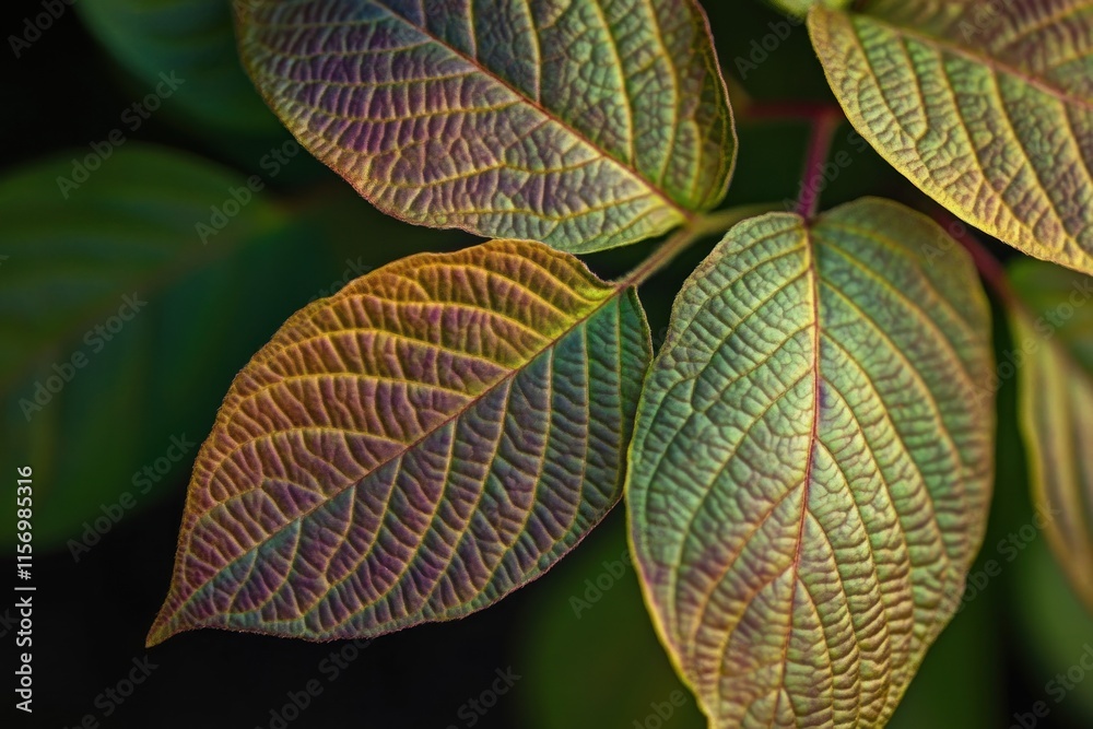 Poster Close-up of vibrant, multicolored autumn leaves with intricate vein patterns against a dark background.