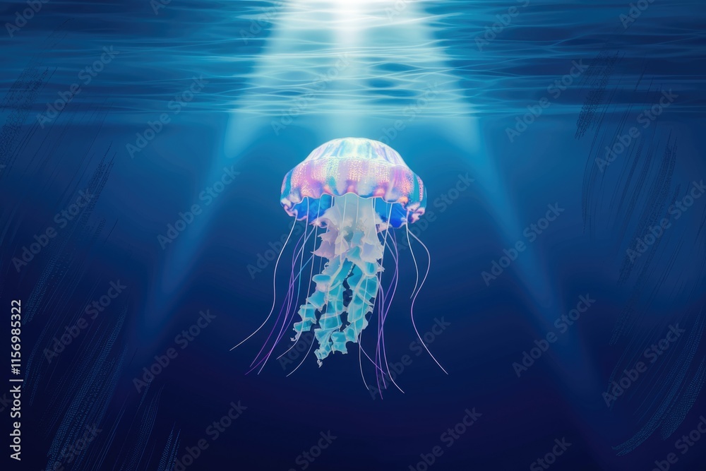 Poster A mesmerizing bioluminescent jellyfish gracefully floats in the deep ocean, illuminated by a sunbeam.