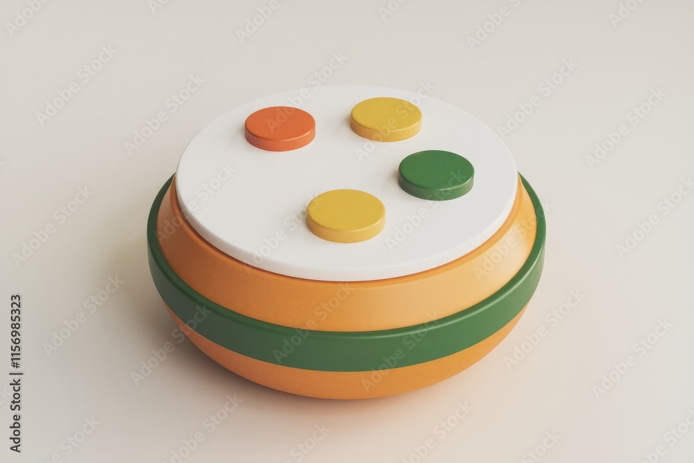 Poster A 3D rendered image of a colorful cylindrical object with four circular buttons on top.