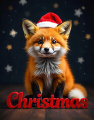 Merry Christmas with red fox wearing Santa Claus hat