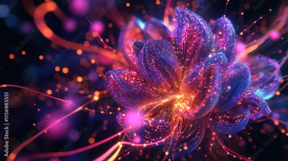 Poster abstract vibrant flower with glowing particles and lines.