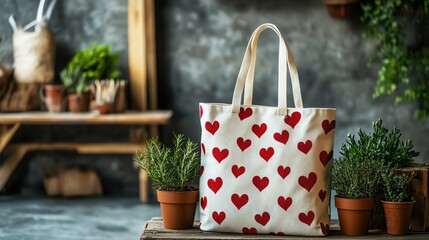 Tote bag with heart design and plants.