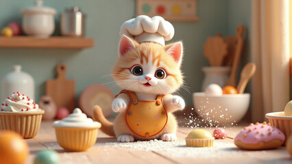 A cute kitten dressed as a chef baking delicious cupcakes in a cozy kitchen.