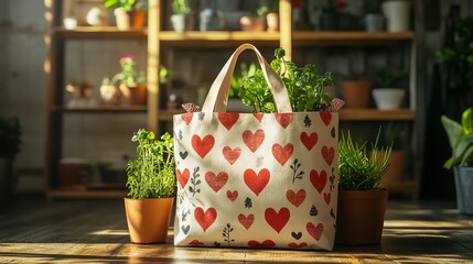 Heart-patterned tote with indoor plants.