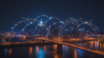 Obraz premium Smart digital Innovation city with connection network reciprocity over the cityscape. of future smart wireless digital city and social media networking systems that connects people with in city