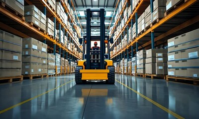 Forklift in a large warehouse surrounded by high shelves
